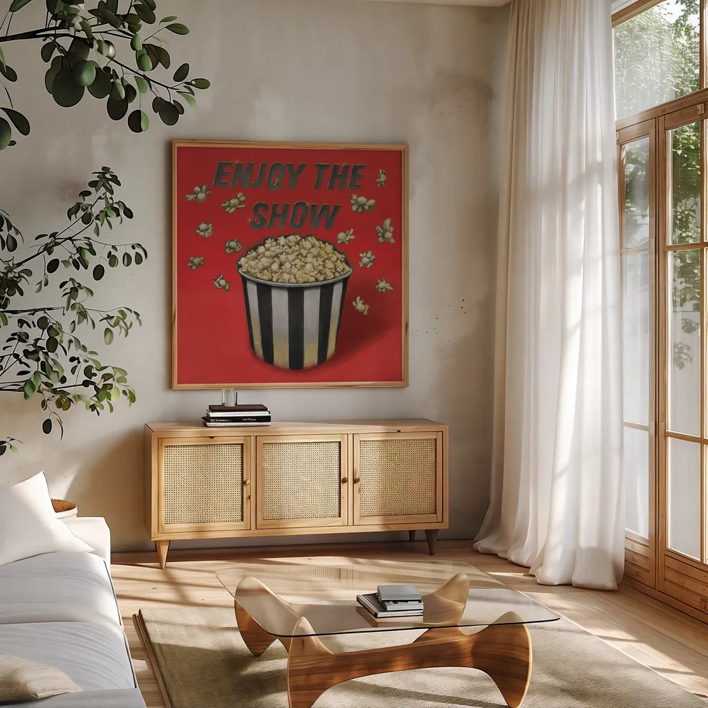 Enjoy the Show Red by Wild Apple Portfolio. Shown in a natural wood frame in a cozy modern living room. Available as an archival giclee rolled canvas, fine art paper, or poster print. SKU 52831a.