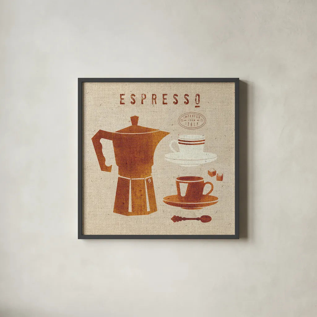 Espresso on Linen by Wild Apple Portfolio. Shown in a sleek black glass frame for a contemporary gallery look. Available as an archival giclee rolled canvas, fine art paper, or poster print. SKU 37947a.