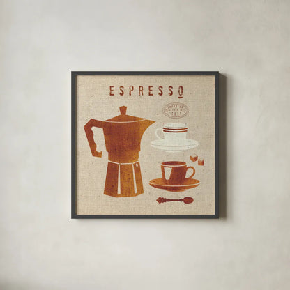 Espresso on Linen by Wild Apple Portfolio. Shown in a sleek black glass frame for a contemporary gallery look. Available as an archival giclee rolled canvas, fine art paper, or poster print. SKU 37947a.
