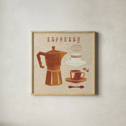 Espresso on Linen by Wild Apple Portfolio. Shown in a natural wood glass frame for a timeless modern aesthetic. Available as an archival giclee rolled canvas, fine art paper, or poster print. SKU 37947a.