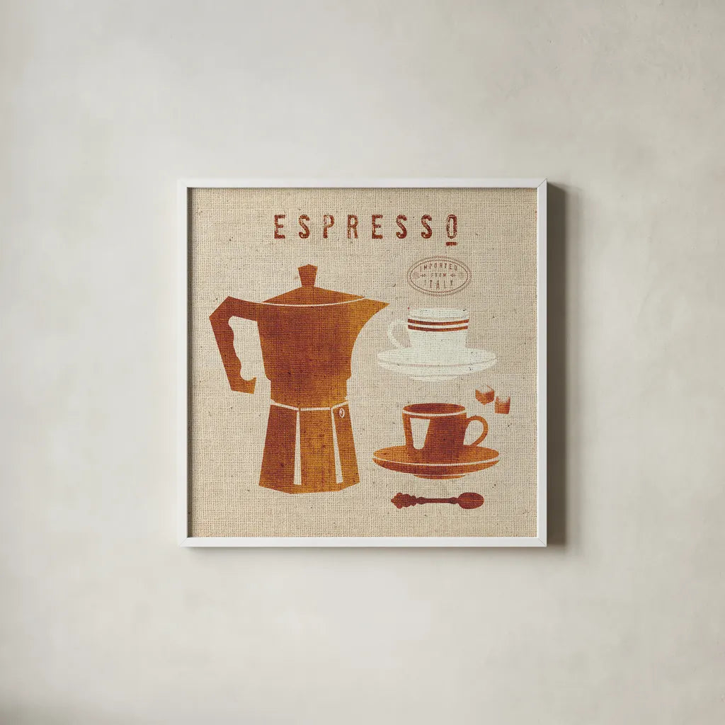 Espresso on Linen by Wild Apple Portfolio. Shown in a crisp white glass frame for a clean and minimalist style. Available as an archival giclee rolled canvas, fine art paper, or poster print. SKU 37947a.