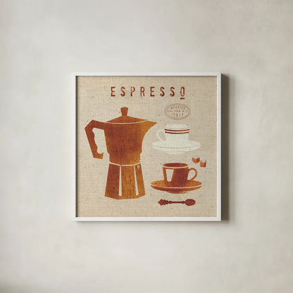 Espresso on Linen by Wild Apple Portfolio. Shown in a crisp white glass frame for a clean and minimalist style. Available as an archival giclee rolled canvas, fine art paper, or poster print. SKU 37947a.