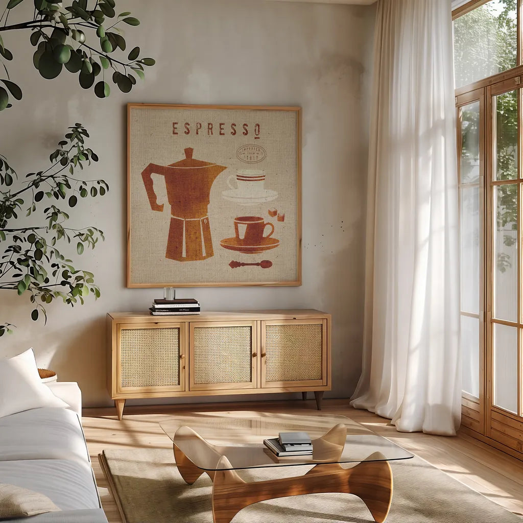 Espresso on Linen by Wild Apple Portfolio. Shown in a natural wood frame in a cozy modern living room. Available as an archival giclee rolled canvas, fine art paper, or poster print. SKU 37947a.