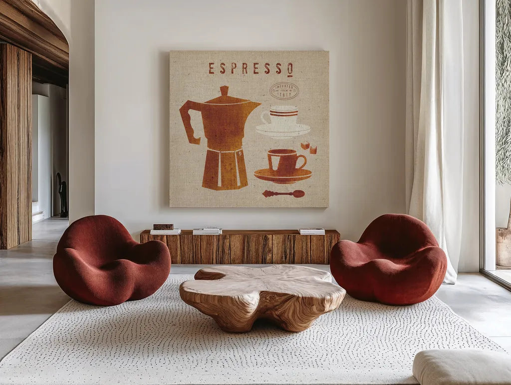 Espresso on Linen by Wild Apple Portfolio. Shown as extra-large giant wall art in a modern living room. Available as an archival giclee rolled canvas, fine art paper, or poster print. SKU 37947a.