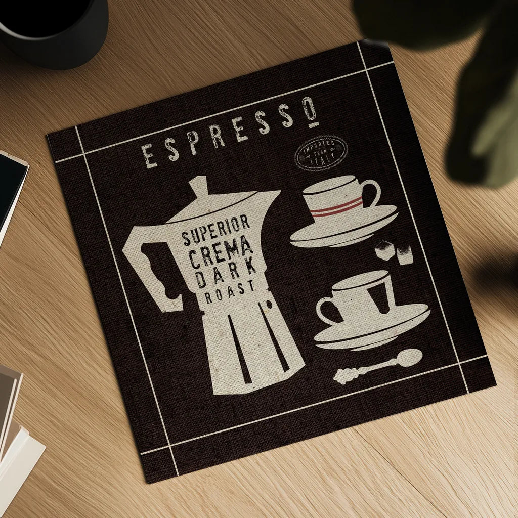 Espresso on Linen Black by Wild Apple Portfolio. Shown as a detailed flat fine art print, highlighting archival giclee quality. Available as an archival giclee rolled canvas, fine art paper, or poster print. SKU 39916a.