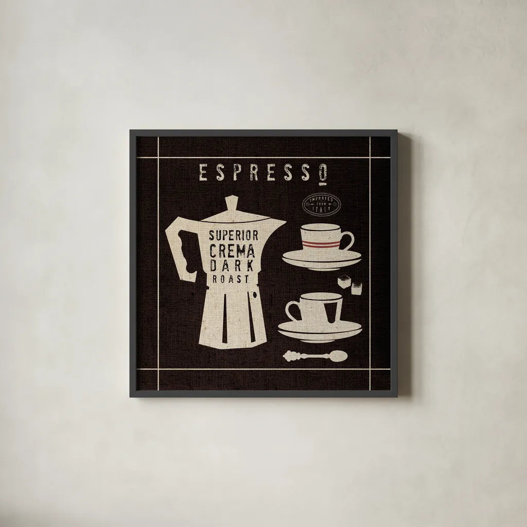 Espresso on Linen Black by Wild Apple Portfolio. Shown in a sleek black glass frame for a contemporary gallery look. Available as an archival giclee rolled canvas, fine art paper, or poster print. SKU 39916a.
