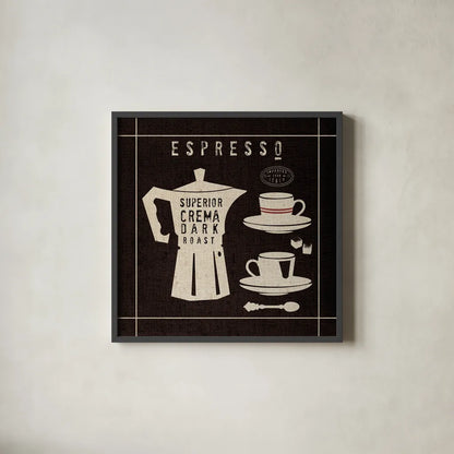 Espresso on Linen Black by Wild Apple Portfolio. Shown in a sleek black glass frame for a contemporary gallery look. Available as an archival giclee rolled canvas, fine art paper, or poster print. SKU 39916a.