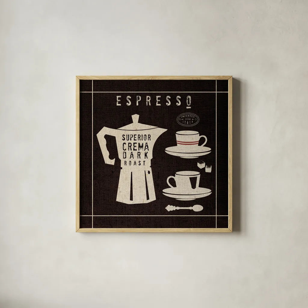 Espresso on Linen Black by Wild Apple Portfolio. Shown in a natural wood glass frame for a timeless modern aesthetic. Available as an archival giclee rolled canvas, fine art paper, or poster print. SKU 39916a.