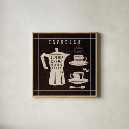Espresso on Linen Black by Wild Apple Portfolio. Shown in a natural wood glass frame for a timeless modern aesthetic. Available as an archival giclee rolled canvas, fine art paper, or poster print. SKU 39916a.