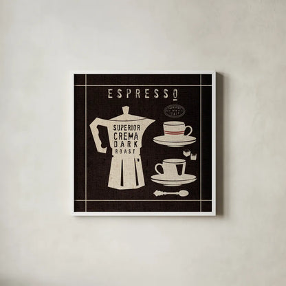 Espresso on Linen Black by Wild Apple Portfolio. Shown in a crisp white glass frame for a clean and minimalist style. Available as an archival giclee rolled canvas, fine art paper, or poster print. SKU 39916a.
