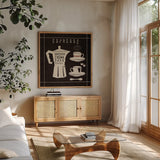 Espresso on Linen Black by Wild Apple Portfolio. Shown in a natural wood frame in a cozy modern living room. Available as an archival giclee rolled canvas, fine art paper, or poster print. SKU 39916a.