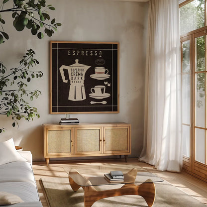 Espresso on Linen Black by Wild Apple Portfolio. Shown in a natural wood frame in a cozy modern living room. Available as an archival giclee rolled canvas, fine art paper, or poster print. SKU 39916a.