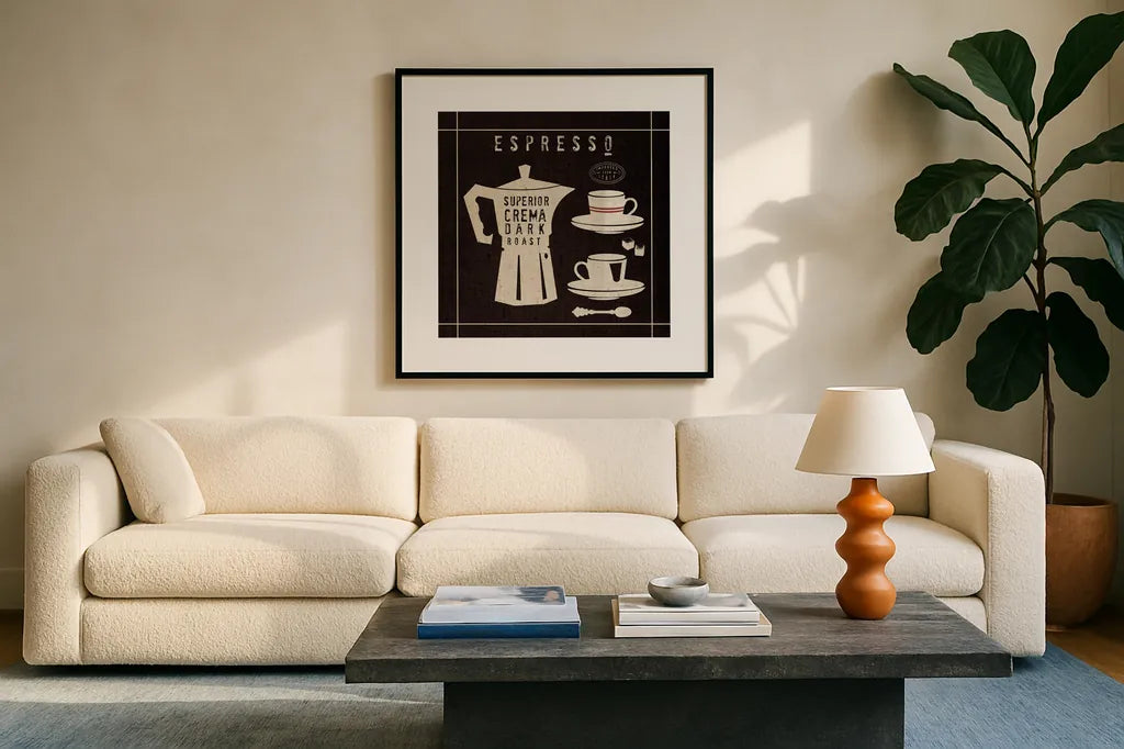 Espresso on Linen Black by Wild Apple Portfolio. Displayed in a glass frame with matte in a clean modern living room. Available as an archival giclee rolled canvas, fine art paper, or poster print. SKU 39916a.