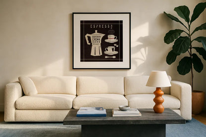 Espresso on Linen Black by Wild Apple Portfolio. Displayed in a glass frame with matte in a clean modern living room. Available as an archival giclee rolled canvas, fine art paper, or poster print. SKU 39916a.