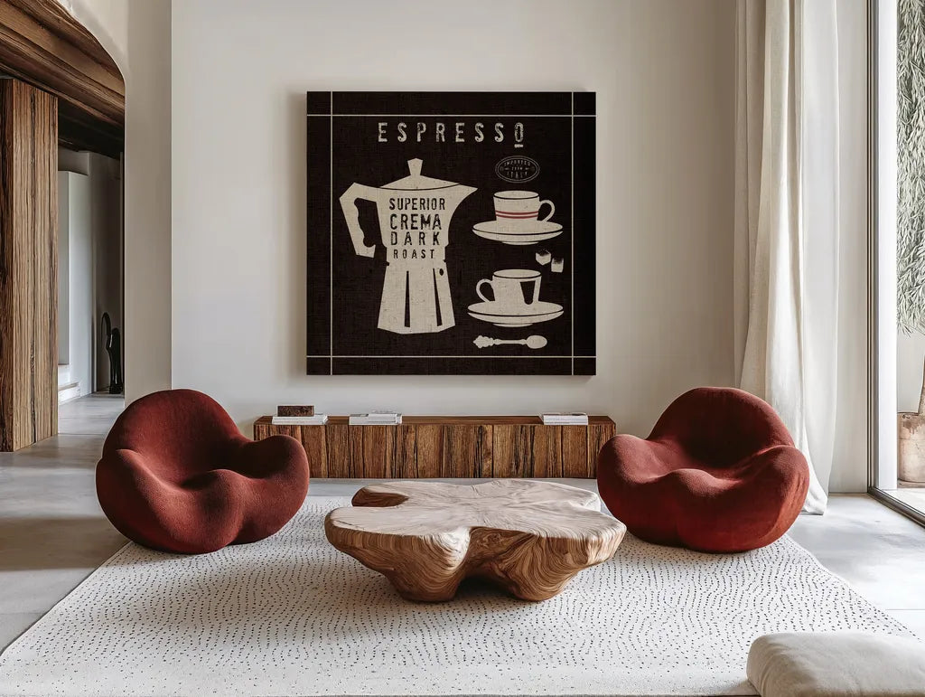 Espresso on Linen Black by Wild Apple Portfolio. Shown as extra-large giant wall art in a modern living room. Available as an archival giclee rolled canvas, fine art paper, or poster print. SKU 39916a.