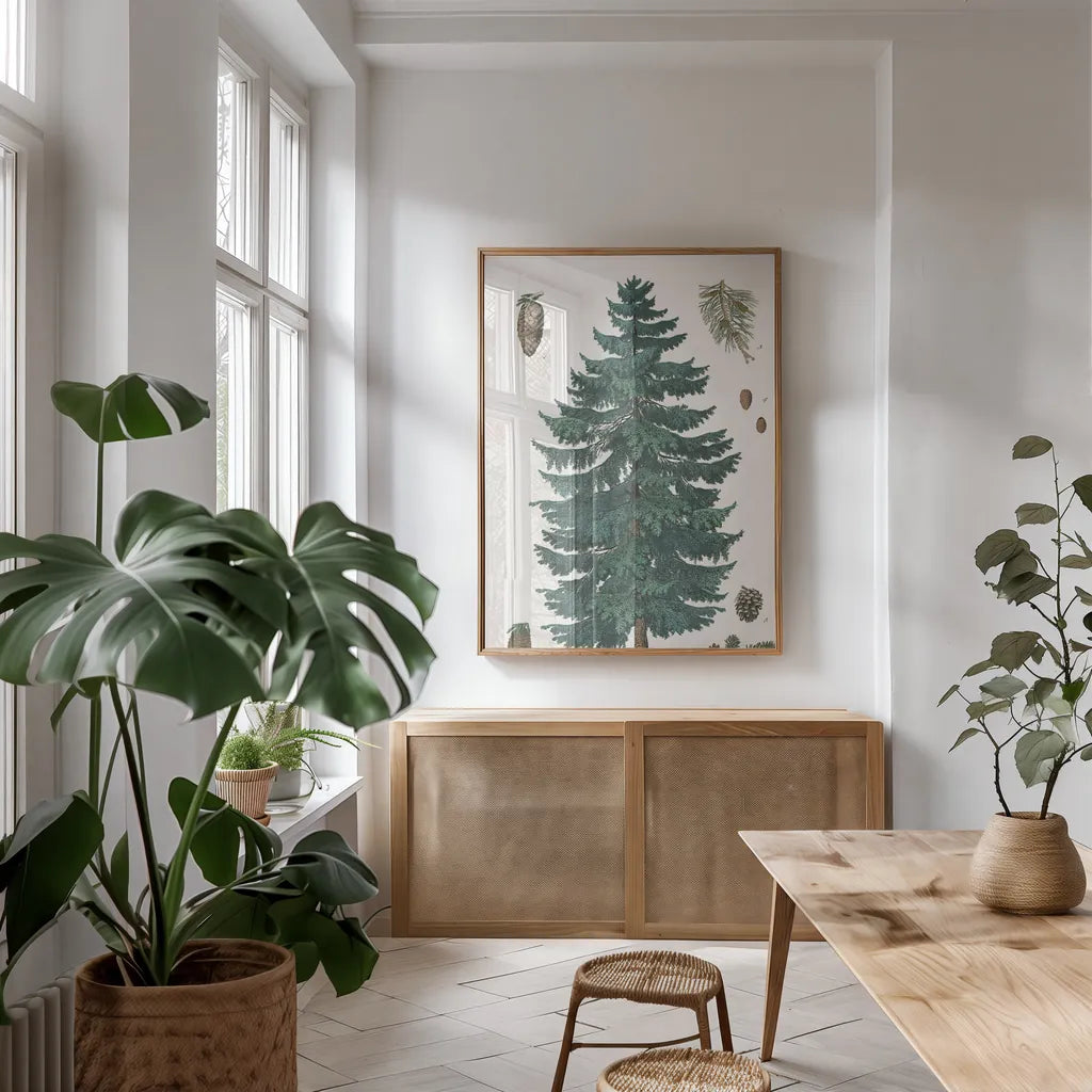 Evergreen Botanical Chart by Wild Apple Portfolio. shown as a print in a natural wood frame in a dining room. Available as a archival giclee rolled canvas, fine art paper, or poster print. SKU 79989h.
