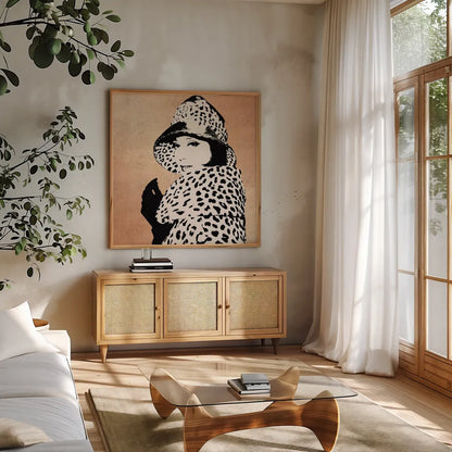 Fashion News II Rose Goldhion on Rose Gold by Wild Apple Portfolio. Shown in a natural wood frame in a cozy modern living room. Available as an archival giclee rolled canvas, fine art paper, or poster print. SKU 69020a.