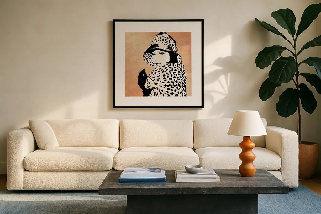 Fashion News II Rose Goldhion on Rose Gold by Wild Apple Portfolio. Displayed in a glass frame with matte in a clean modern living room. Available as an archival giclee rolled canvas, fine art paper, or poster print. SKU 69020a.