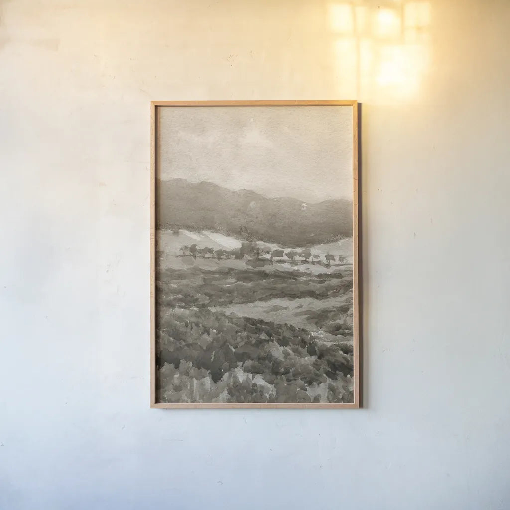 Field of Flowers II Sepia by Wild Apple Portfolio. shown as a paper print in a natural frame. Available as a archival giclee rolled canvas, fine art paper, or poster print. SKU 81069h.