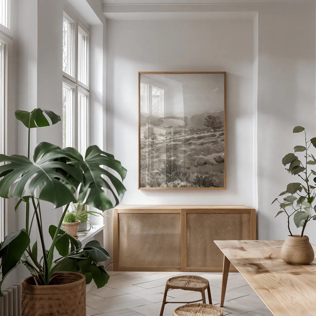 Field of Flowers III Sepia by Wild Apple Portfolio. shown as a print in a natural wood frame in a dining room. Available as a archival giclee rolled canvas, fine art paper, or poster print. SKU 81070h.