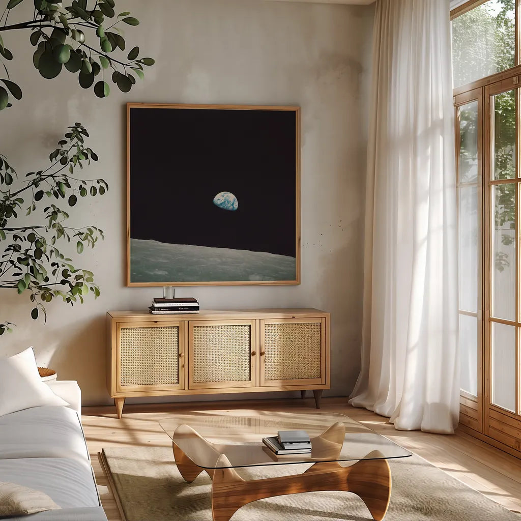 First Earth Rise by Wild Apple Portfolio. Shown in a natural wood frame in a cozy modern living room. Available as an archival giclee rolled canvas, fine art paper, or poster print. SKU 84536a.