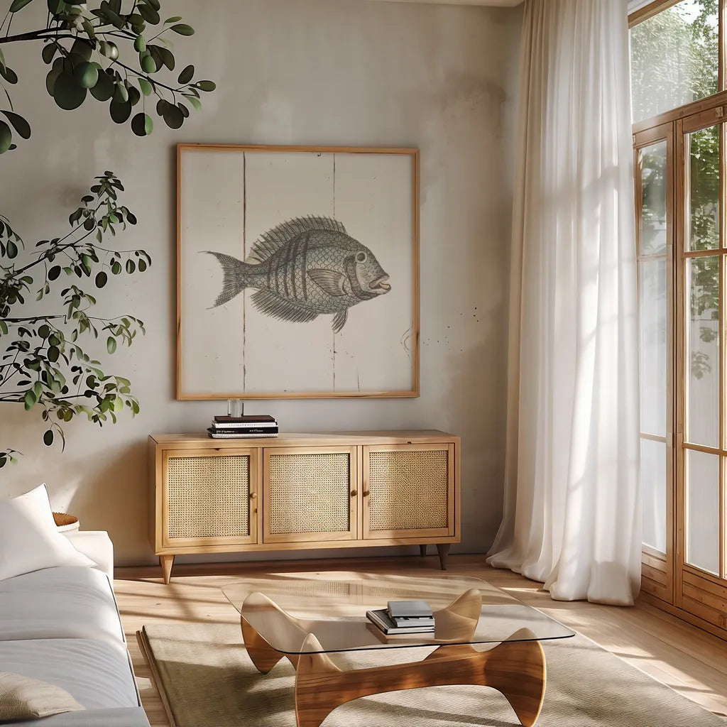 Fish Sketches I Shiplap by Wild Apple Portfolio. Shown in a natural wood frame in a cozy modern living room. Available as an archival giclee rolled canvas, fine art paper, or poster print. SKU 36261a.
