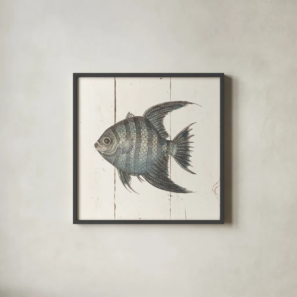 Fish Sketches II Shiplap by Wild Apple Portfolio. Shown in a sleek black glass frame for a contemporary gallery look. Available as an archival giclee rolled canvas, fine art paper, or poster print. SKU 36262a.