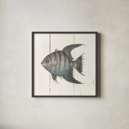 Fish Sketches II Shiplap by Wild Apple Portfolio. Shown in a sleek black glass frame for a contemporary gallery look. Available as an archival giclee rolled canvas, fine art paper, or poster print. SKU 36262a.