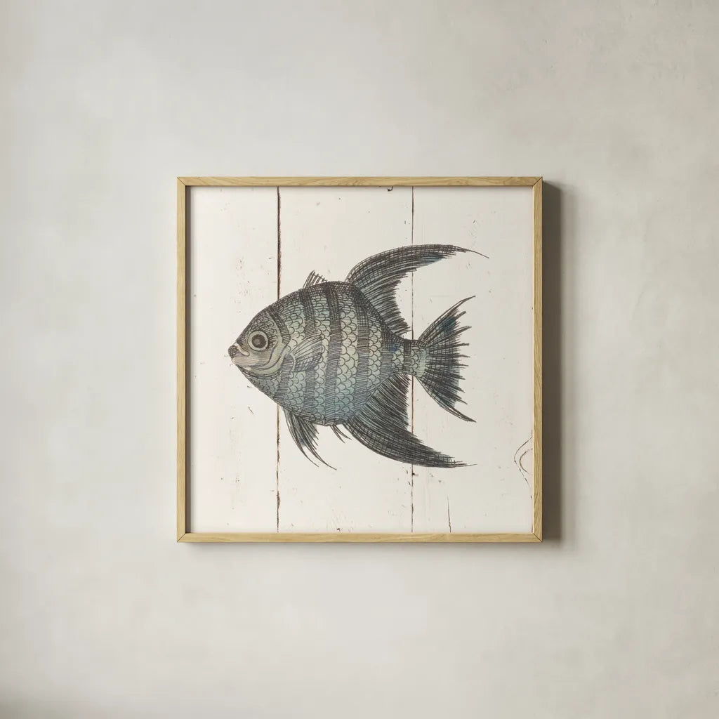 Fish Sketches II Shiplap by Wild Apple Portfolio. Shown in a natural wood glass frame for a timeless modern aesthetic. Available as an archival giclee rolled canvas, fine art paper, or poster print. SKU 36262a.