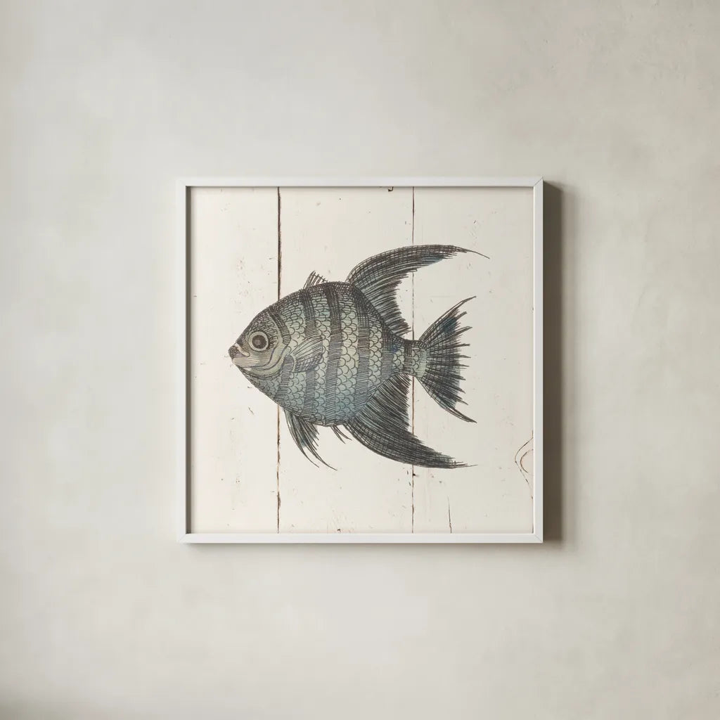 Fish Sketches II Shiplap by Wild Apple Portfolio. Shown in a crisp white glass frame for a clean and minimalist style. Available as an archival giclee rolled canvas, fine art paper, or poster print. SKU 36262a.
