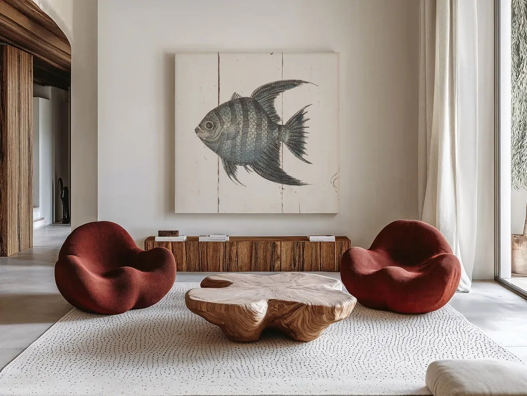 Fish Sketches II Shiplap by Wild Apple Portfolio. Shown as extra-large giant wall art in a modern living room. Available as an archival giclee rolled canvas, fine art paper, or poster print. SKU 36262a.