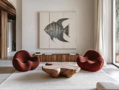 Fish Sketches II Shiplap by Wild Apple Portfolio. Shown as extra-large giant wall art in a modern living room. Available as an archival giclee rolled canvas, fine art paper, or poster print. SKU 36262a.