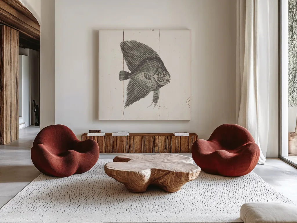 Fish Sketches III Shiplap by Wild Apple Portfolio. Shown as extra-large giant wall art in a modern living room. Available as an archival giclee rolled canvas, fine art paper, or poster print. SKU 36263a.