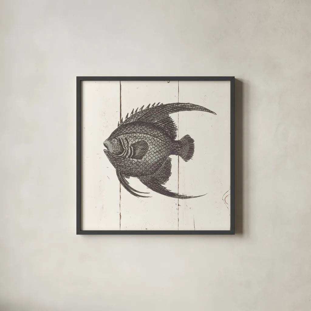 Fish Sketches IV Shiplap by Wild Apple Portfolio. Shown in a sleek black glass frame for a contemporary gallery look. Available as an archival giclee rolled canvas, fine art paper, or poster print. SKU 36264a.
