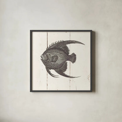 Fish Sketches IV Shiplap by Wild Apple Portfolio. Shown in a sleek black glass frame for a contemporary gallery look. Available as an archival giclee rolled canvas, fine art paper, or poster print. SKU 36264a.