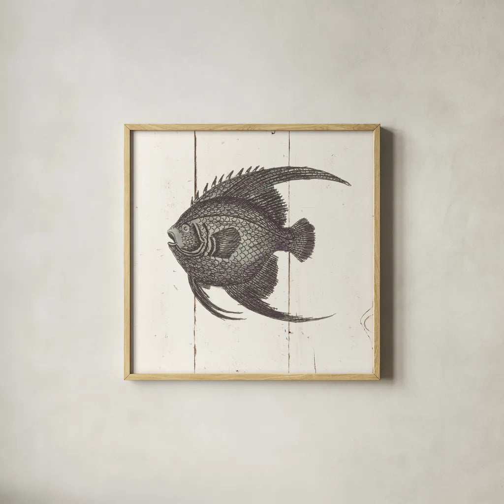 Fish Sketches IV Shiplap by Wild Apple Portfolio. Shown in a natural wood glass frame for a timeless modern aesthetic. Available as an archival giclee rolled canvas, fine art paper, or poster print. SKU 36264a.