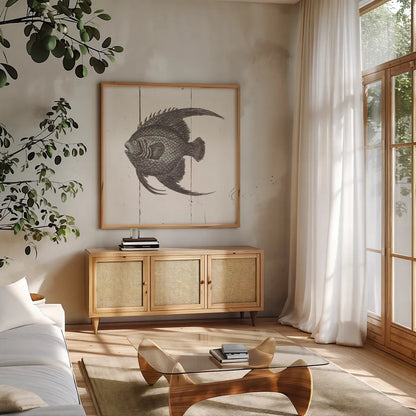 Fish Sketches IV Shiplap by Wild Apple Portfolio. Shown in a natural wood frame in a cozy modern living room. Available as an archival giclee rolled canvas, fine art paper, or poster print. SKU 36264a.
