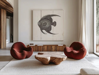 Fish Sketches IV Shiplap by Wild Apple Portfolio. Shown as extra-large giant wall art in a modern living room. Available as an archival giclee rolled canvas, fine art paper, or poster print. SKU 36264a.