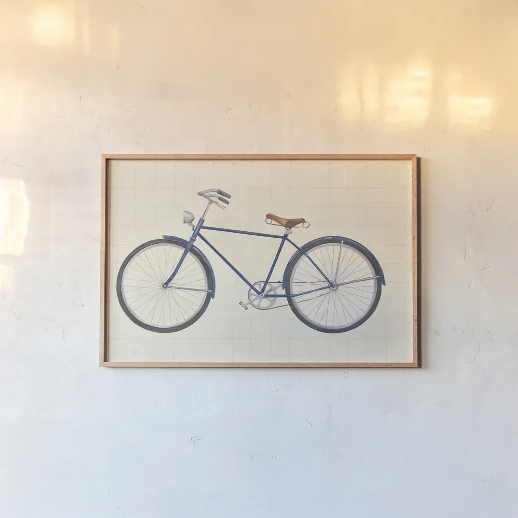 Flea Market Bicycle Navy by Wild Apple Portfolio. shown as a paper print in a natural frame. Available as a archival giclee rolled canvas, fine art paper, or poster print. SKU 74745i.