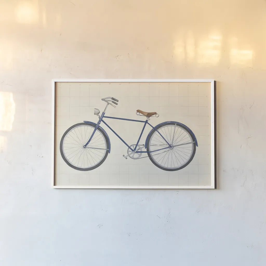 Flea Market Bicycle Navy by Wild Apple Portfolio. shown as a paper print in a white frame. Available as a archival giclee rolled canvas, fine art paper, or poster print. SKU 74745i.