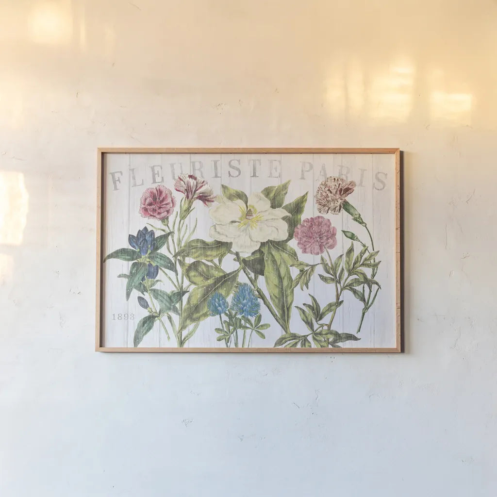 Fleuriste Paris I by Wild Apple Portfolio. shown as a paper print in a natural frame. Available as a archival giclee rolled canvas, fine art paper, or poster print. SKU 43574i.