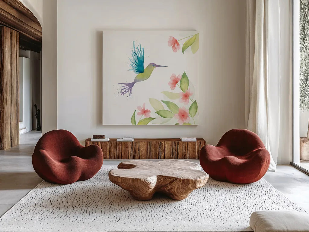 Flit III by Wild Apple Portfolio. Shown as extra-large giant wall art in a modern living room. Available as an archival giclee rolled canvas, fine art paper, or poster print. SKU 33089a.