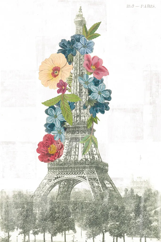 Floral Eiffel Tower by Wild Apple Portfolio. SKU 46628h. Archival Giclee Fine art print for wall decor.