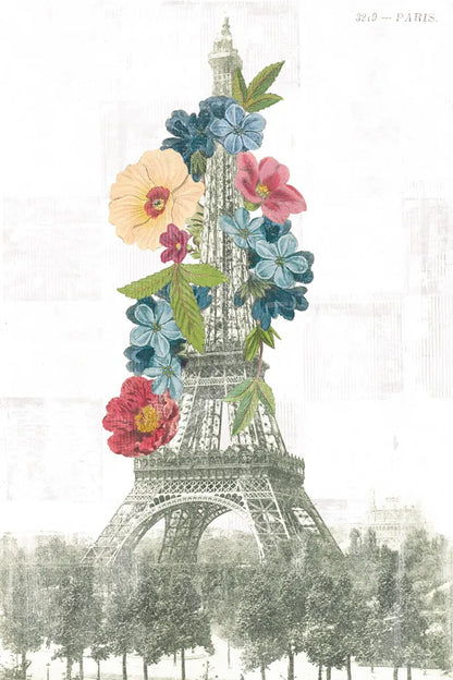 Floral Eiffel Tower by Wild Apple Portfolio. SKU 46628h. Archival Giclee Fine art print for wall decor.