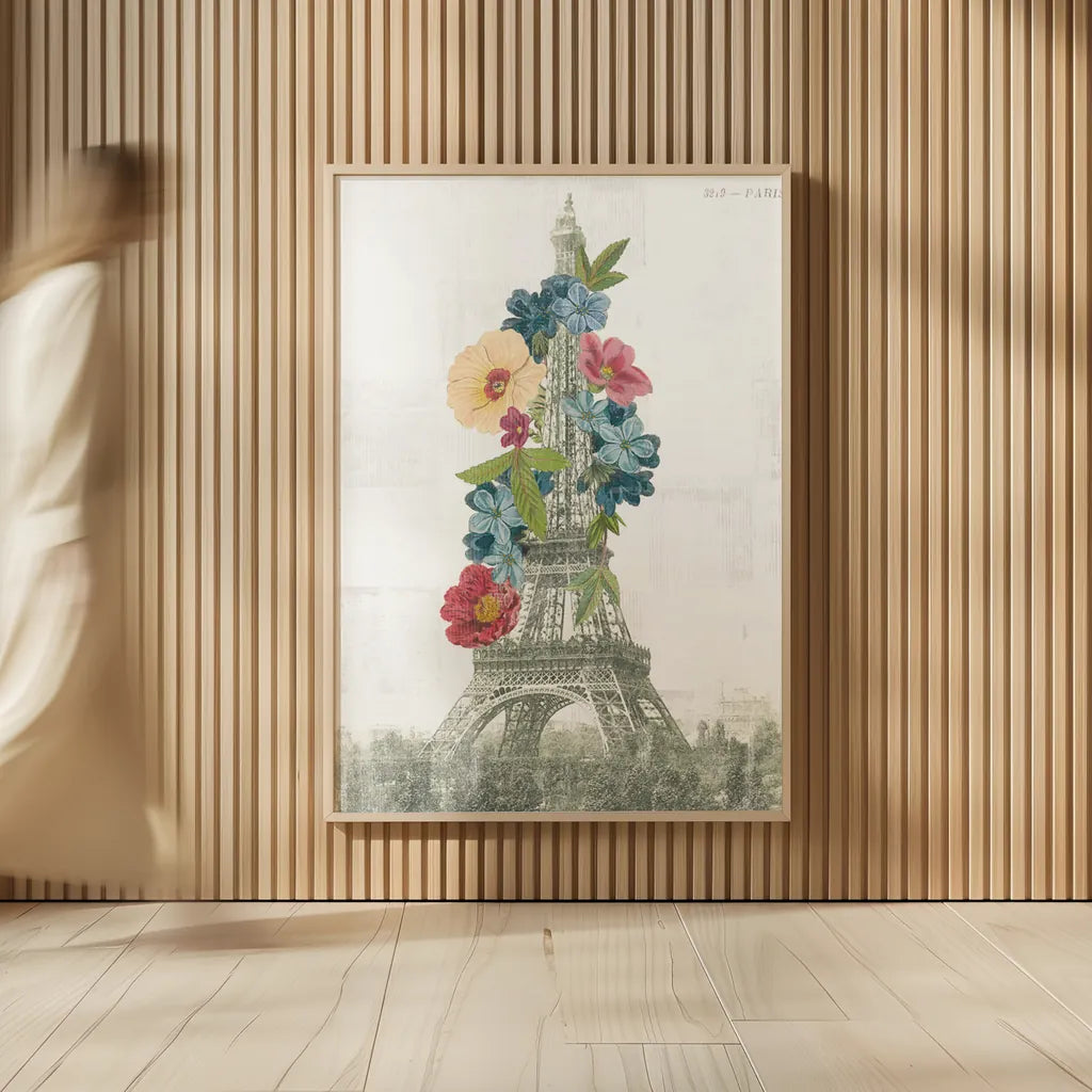 Floral Eiffel Tower by Wild Apple Portfolio. shown as over sized large wall art. Available as an archival giclee rolled canvas, fine art paper, or poster print. SKU 46628h.