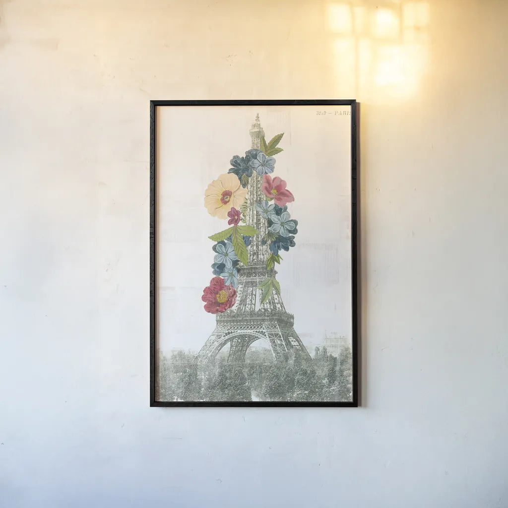 Floral Eiffel Tower by Wild Apple Portfolio. shown as a paper print in a black flame. Available as a archival giclee rolled canvas, fine art paper, or poster print. SKU 46628h.