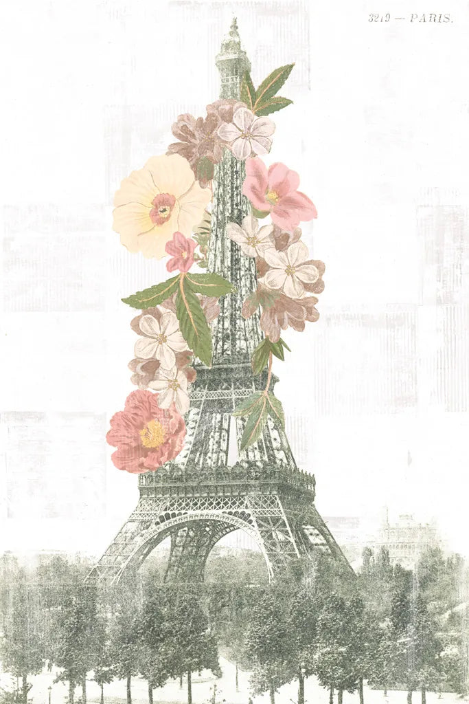 Floral Eiffel Tower Neutral by Wild Apple Portfolio. SKU 62404h. Archival Giclee Fine art print for wall decor.