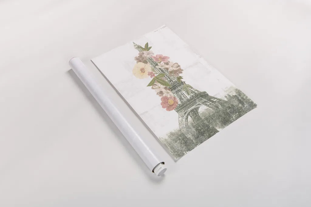 Floral Eiffel Tower Neutral by Wild Apple Portfolio. shown as a rolled paper print. Available as archival giclee rolled canvas, fine art paper, or poster print. SKU 62404h.