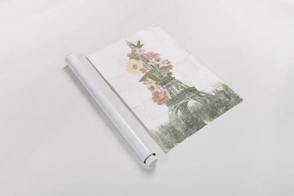 Floral Eiffel Tower Neutral by Wild Apple Portfolio. shown as a rolled paper print. Available as archival giclee rolled canvas, fine art paper, or poster print. SKU 62404h.