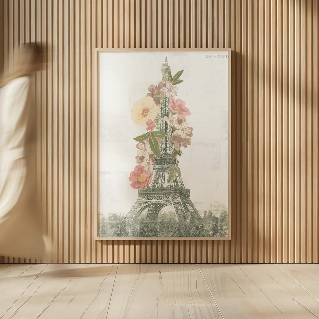 Floral Eiffel Tower Neutral by Wild Apple Portfolio. shown as over sized large wall art. Available as an archival giclee rolled canvas, fine art paper, or poster print. SKU 62404h.